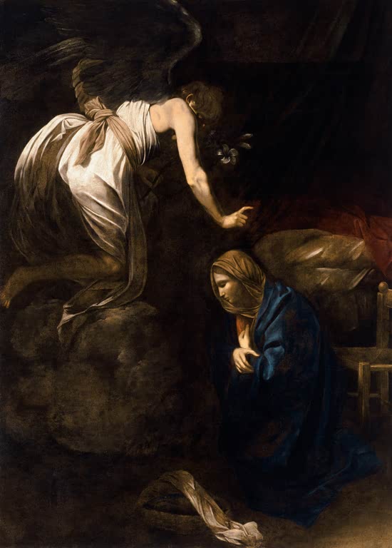 Caravaggio Mariä Verkündigung Kunstkopie, Engel schwebt mit Lilie herab zur knienden Maria im blauen Mantel