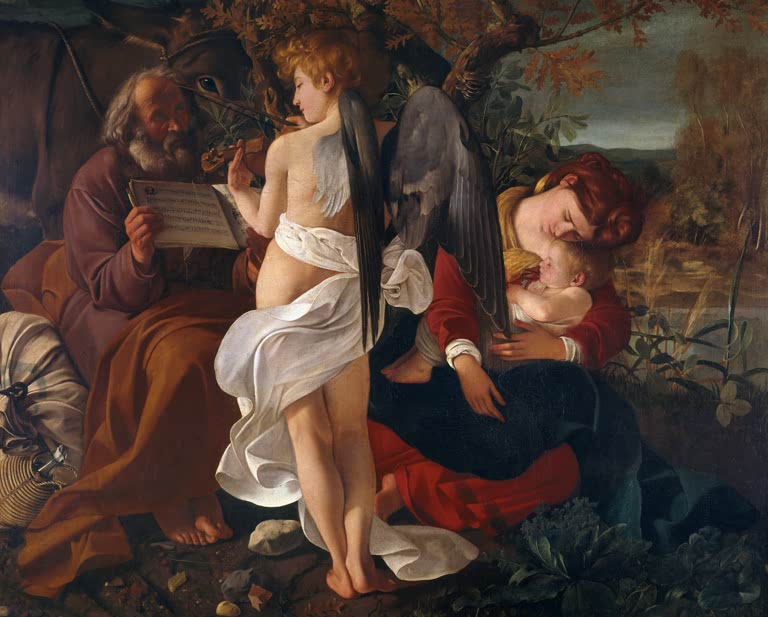 Caravaggio Ruhe auf der Flucht nach Ägypten Kunstkopie, Engel mit Geige, Josef hält Noten, Maria schläft mit Kind