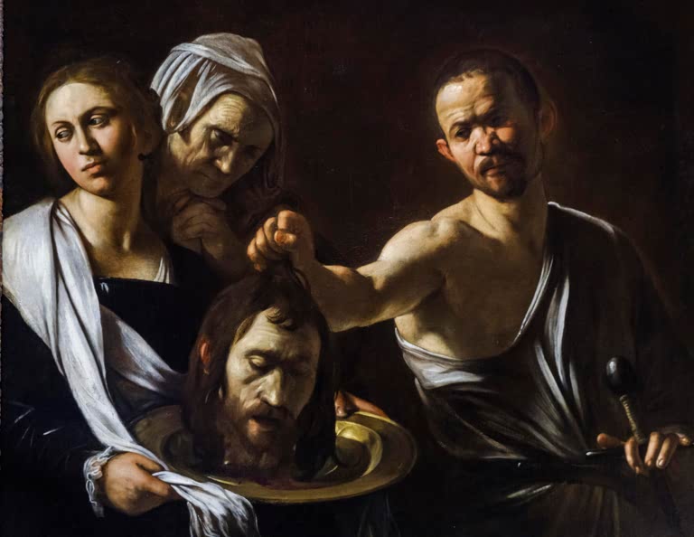 Caravaggio Salome mit dem Haupt Johannes des Täufers Kunstkopie, junge Frau mit Schale, alte Frau und Henker im Dunkel