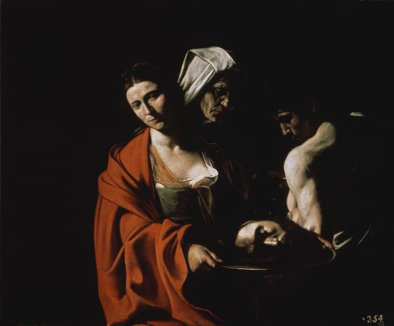 Caravaggio Salome mit dem Haupt Johannes des Täufers Kunstkopie, Frau im roten Umhang hält eine Schale mit dem Haupt