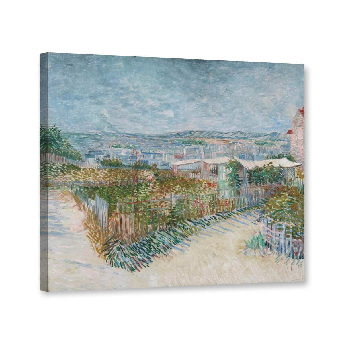 Gemüsegärten am Montmartre von Vincent Van Gogh als Leinwand – Perspektivansicht