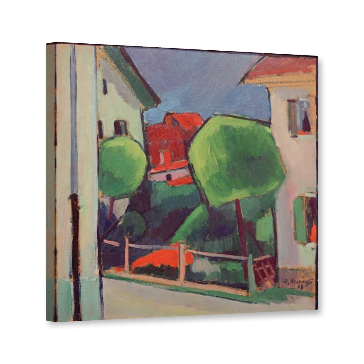 Murnau: Häuser hinter Bäumen von Alexej von Jawlensky als Leinwand – Perspektivansicht