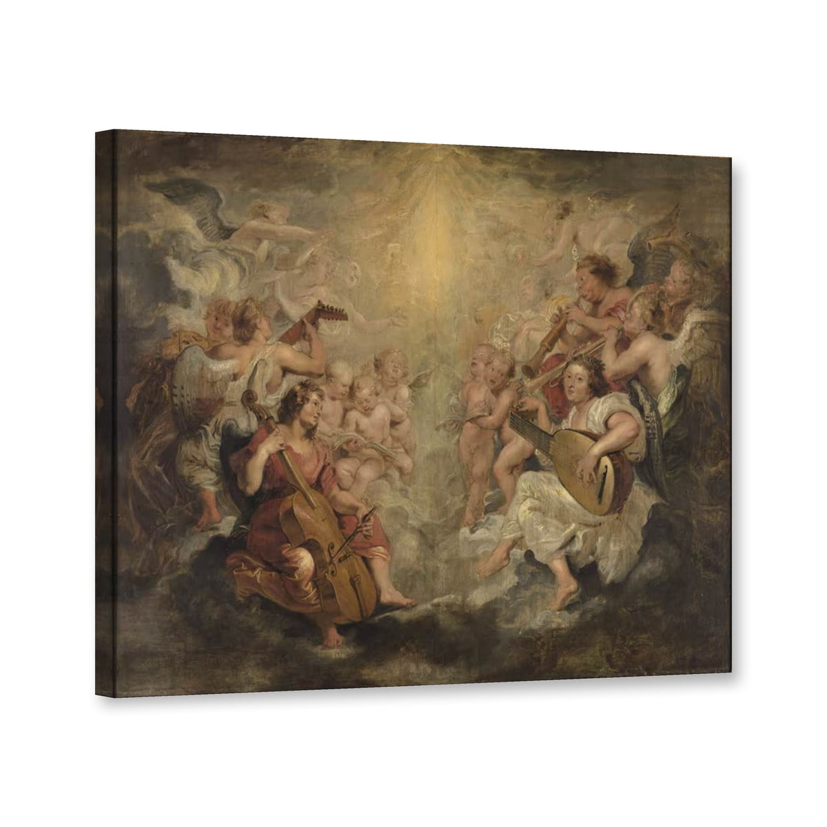 Musizierende Engel, Ölskizze von Peter Paul Rubens als Leinwand – Perspektivansicht