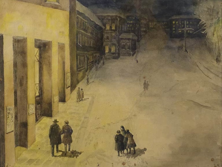 Natalia Krasovskaya Nachtszene Kunstkopie, verschneite Straße mit Passanten vor einer gelb beleuchteten Hausfassade