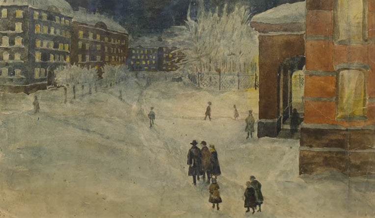Natalia Krasovskaya Spaziergang durch die Stadt Kunstkopie, Passanten auf verschneitem Platz vor Backsteinhäusern