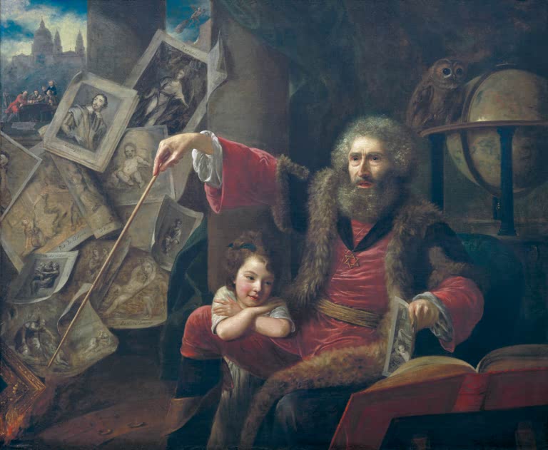Bärtiger Mann in Pelz mit Zeigestab, Kind, Globus und Eule – Nathaniel Hone Der Zauberer der Malerei Kunstkopie