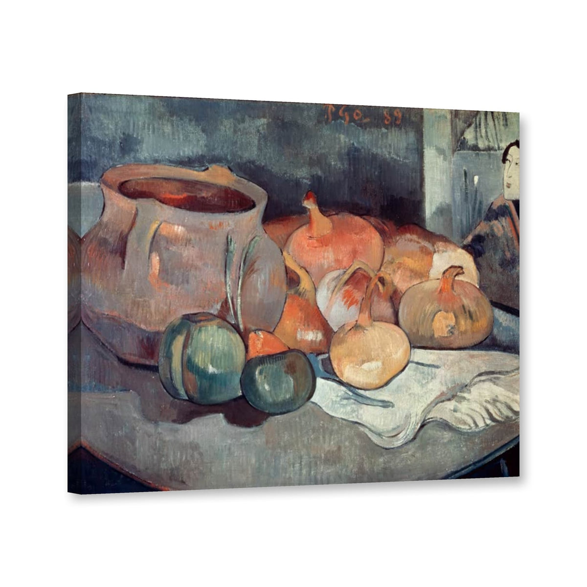 Nature morte aux oignons, et à la gravure japonaise von Paul Gauguin als Leinwand – Perspektivansicht