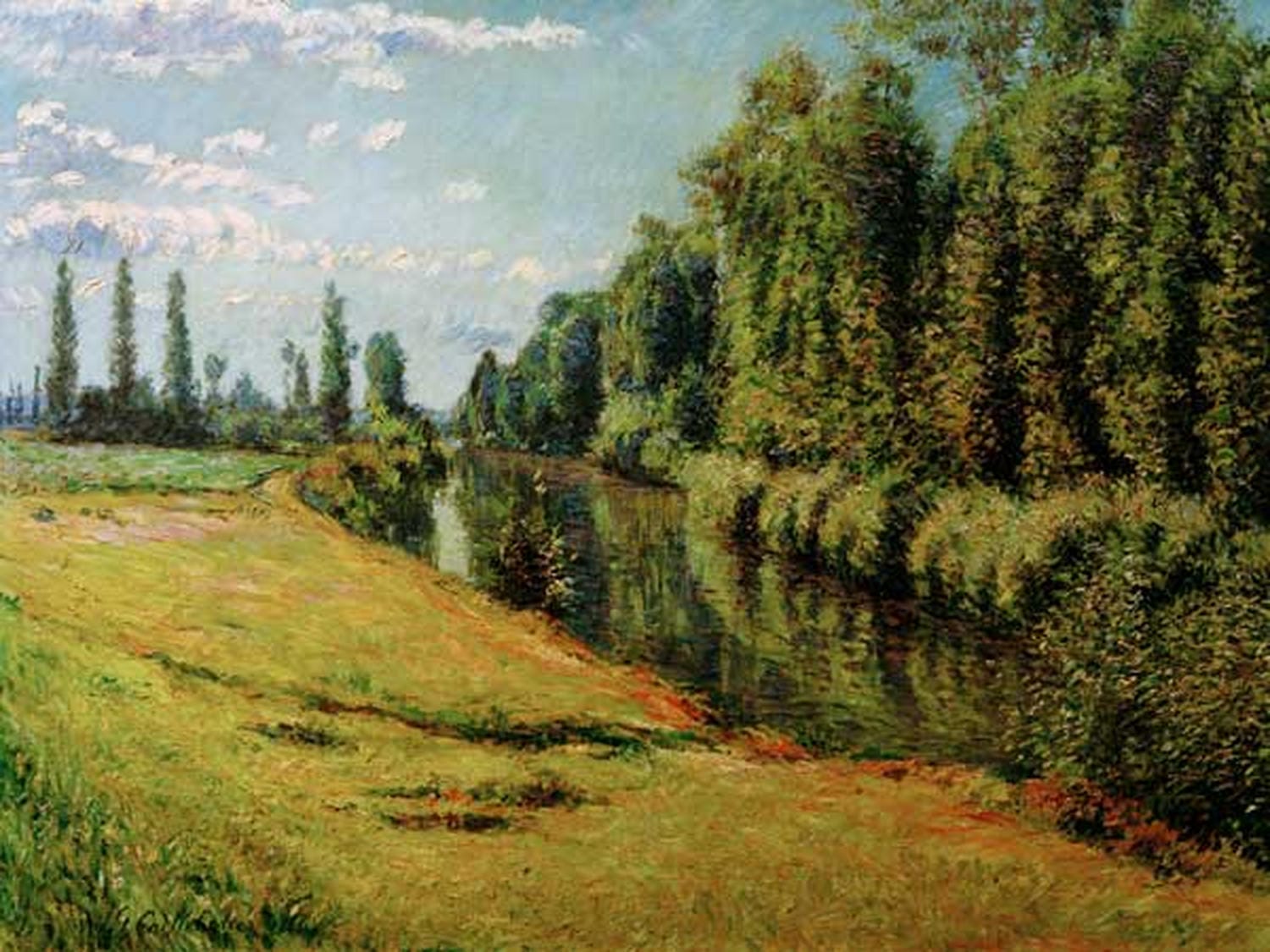 „Nebenarm der Seine“ von Gustave Caillebotte – impressionistische Flusslandschaft mit ruhigem Wasser, grünen Uferbäumen und heller Spiegelung des Himmels.
