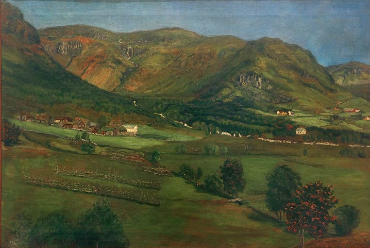 Weites Tal mit Gehöften, Zaun und rotem Vogelbeerbaum – Nicolai Astrup Ålhustunet, Jølster Kunstkopie