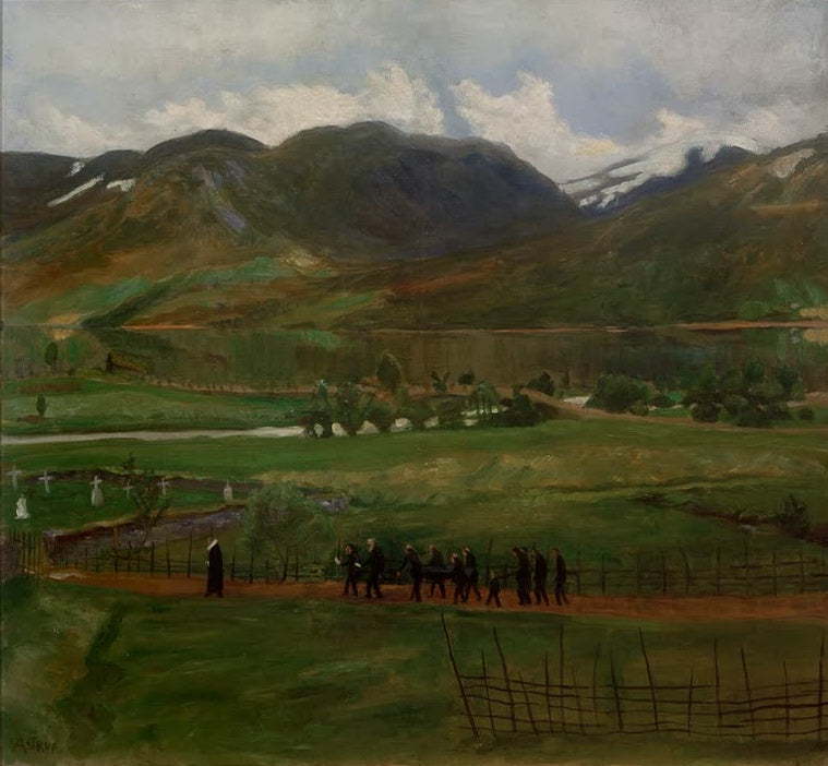 Trauerzug mit Sarg auf Feldweg vor Bergen und See – Nicolai Astrup Beerdigungstag in Jølster Kunstkopie
