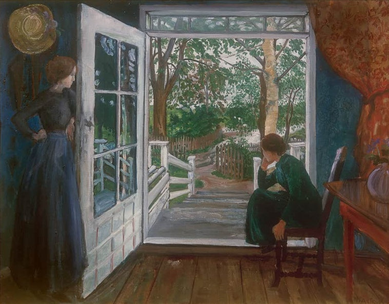 Zwei Frauen an offener Tür mit Blick auf Veranda und Garten – Nicolai Astrup Bei der offenen Tür Kunstkopie
