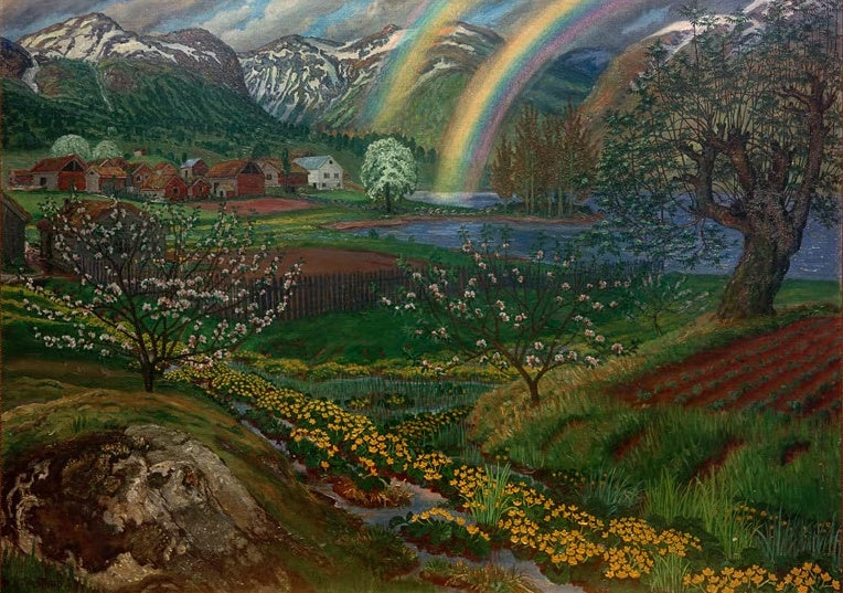 Doppelter Regenbogen über Tal mit Hof und Obstbäumen – Nicolai Astrup Butterblumen und doppelter Regenbogen Kunstkopie