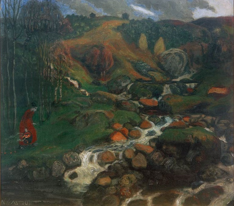 Frau in rotem Mantel am Waldrand über einem Wildbach zwischen Felsen – Nicolai Astrup Der Boden wird wärmer Kunstkopie