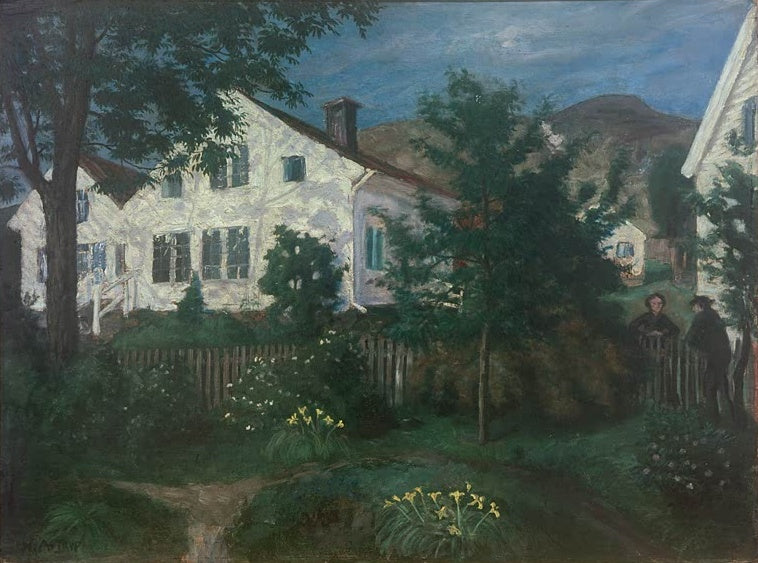 Weißes Haus im Mondlicht hinter Zaun und Garten – Nicolai Astrup Die Pfarrei im Mondlicht Kunstkopie