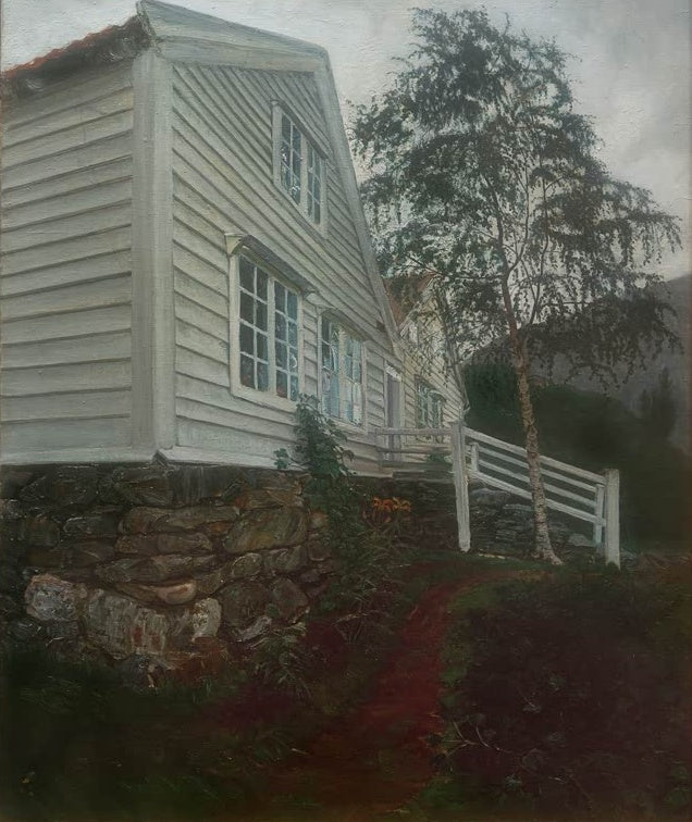 Weißes Holzhaus über Steinmauer, daneben Birke – Nicolai Astrup Die Pfarrei Kunstkopie