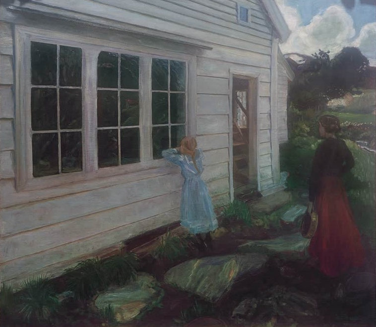 Mädchen und Frau vor Fenstern eines weißen Holzhauses – Nicolai Astrup Die schattige Seite der Jølster Pfarrei Kunstkopie