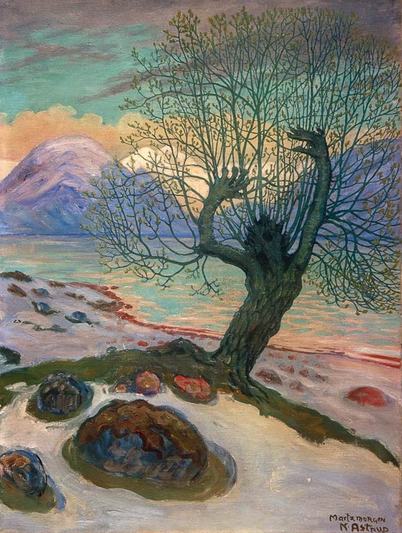 Knorriger kahler Baum am Ufer, Schnee und Berge im Abendrot – Nicolai Astrup Ein Morgen im März Kunstkopie