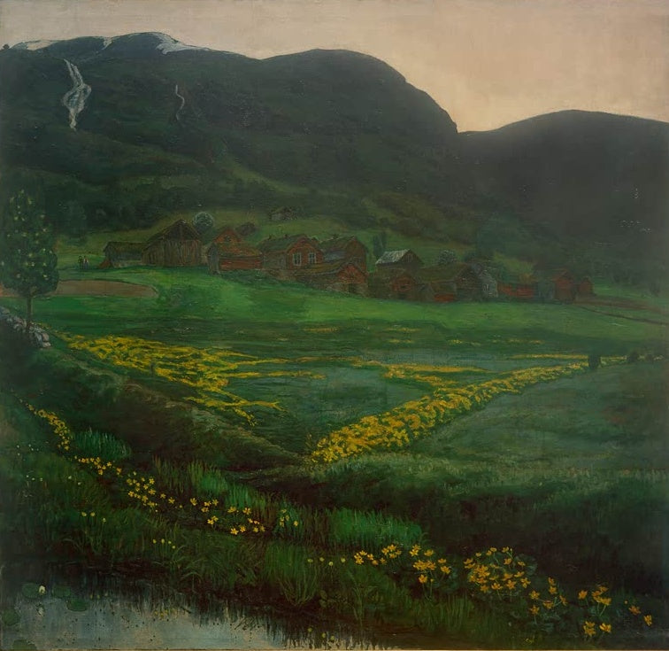 Weite Wiese mit gelben Butterblumen, Gehöft und Berghang – Nicolai Astrup Eine klare Juninacht Kunstkopie