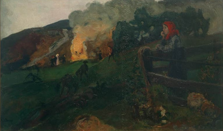 Frau im roten Kopftuch am Holzzaun, Feuer am Hang – Nicolai Astrup Freudenfeuer in der Mittsommernacht Kunstkopie