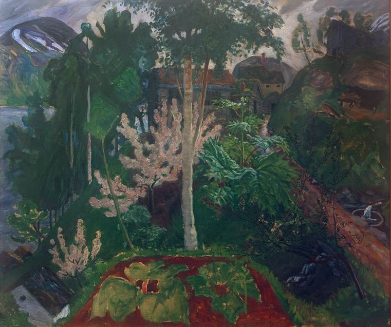 Garten mit Birke und Blüten über See, rotes Beet im Vordergrund – Nicolai Astrup Frühling in Jølster Kunstkopie