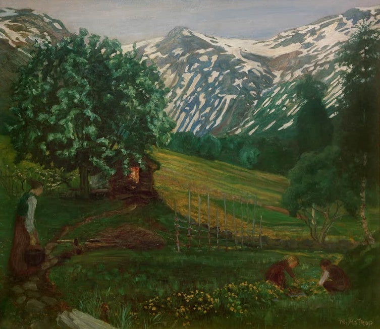Garten mit Schneebergen, Frau und spielende Kinder – Nicolai Astrup Frühlingsabend im Garten der Schmiede Kunstkopie