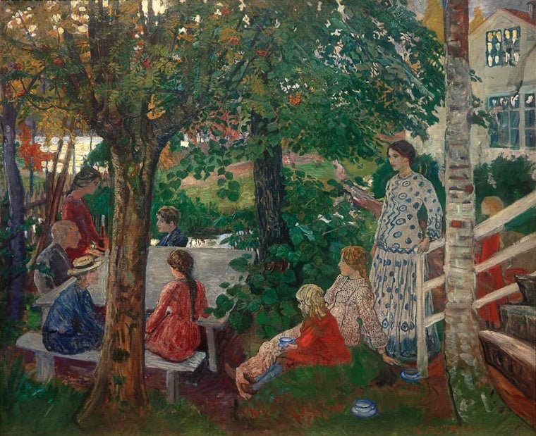 Familie im Sommergarten unter Bäumen, Kinder und Frau am Zaun – Nicolai Astrup Geburtstag im Pfarrgarten Kunstkopie