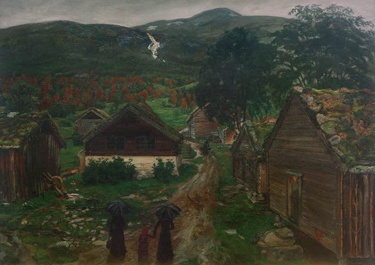 Dorfweg zwischen Holzhäusern, zwei Frauen mit Schirmen – Nicolai Astrup Gehöft in Jølster Kunstkopie