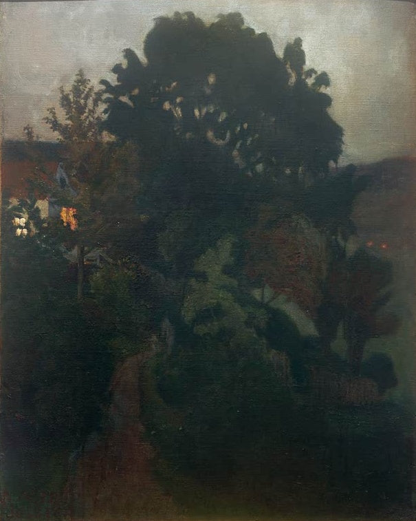 Dunkle Baumkrone im Abendlicht über einem Gartenweg – Nicolai Astrup Herbstdämmerung im Garten Kunstkopie