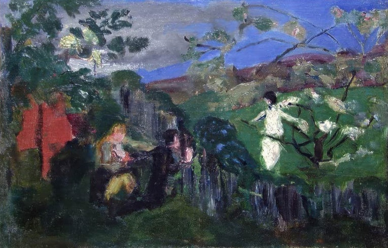 Menschen im Garten vor rotem Haus unter blauem Himmel – Nicolai Astrup Landschaft mit Figuren Kunstkopie