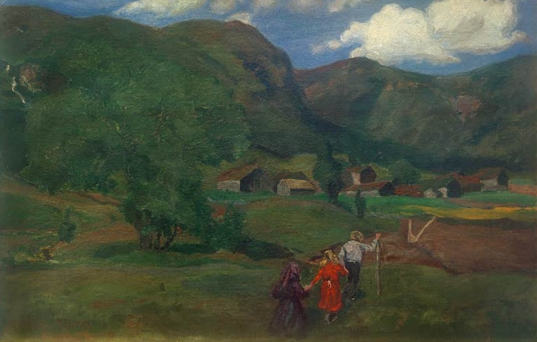 Kinder und Mann am Pflug vor Gehöft im grünen Tal – Nicolai Astrup Landschaft mit Kindern Kunstkopie