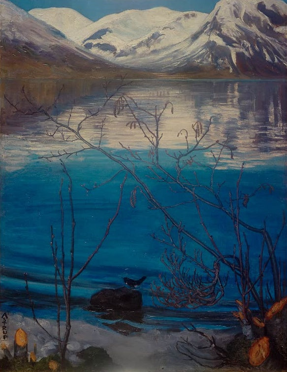 Spiegelnder blauer See mit Schneebergen, kahle Zweige davor – Nicolai Astrup Märzstimmung am Jølstravatnet Kunstkopie