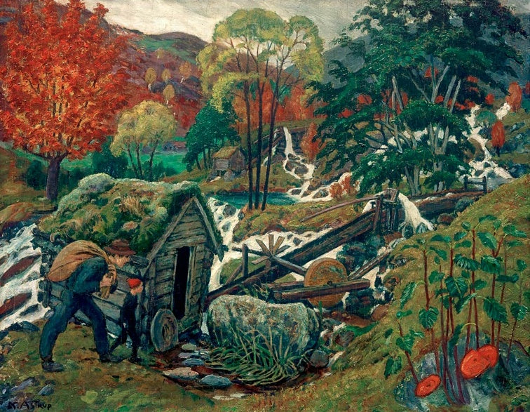 Mann mit Sack und Kind an der Mühle am Wasserfall – Nicolai Astrup Mahlwetter Kunstkopie