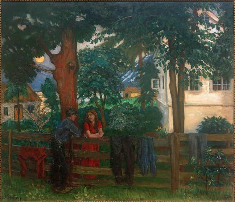 Paar am Holzzaun unter rotem Baum, Mond über dem Haus – Nicolai Astrup Mondlicht in Hegrenes Kunstkopie