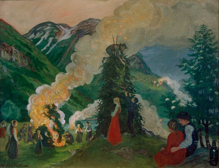 Mann auf Reisigstapel, rauchendes Feuer, Paar im Vordergrund – Nicolai Astrup Vorbereitungen für das Freudenfeuer Kunstkopie