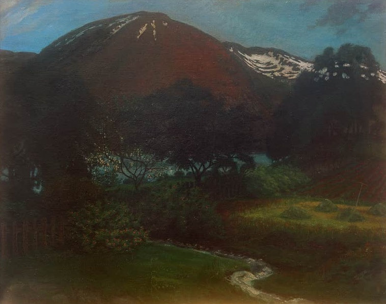 Nikolai Astrup Eine Juninacht in Jølster Kunstkopie, dunkler Bergrücken mit Schneeresten über nächtlichem Tal