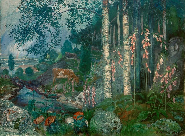 Nikolai Astrup Fingerhüte Kunstkopie, rosa Fingerhutblüten zwischen Birkenstämmen mit weidender Kuh