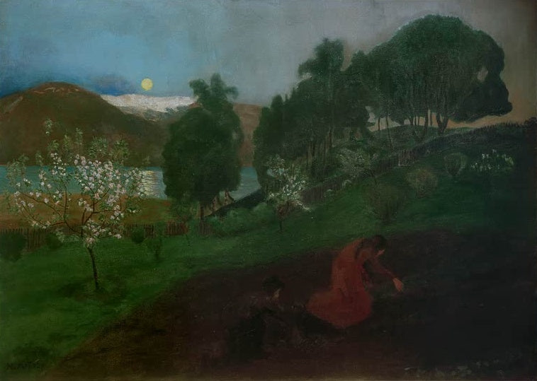 Nikolai Astrup Frühlingsnacht im Garten Kunstkopie, blühender Apfelbaum und Vollmond über See in Jølster