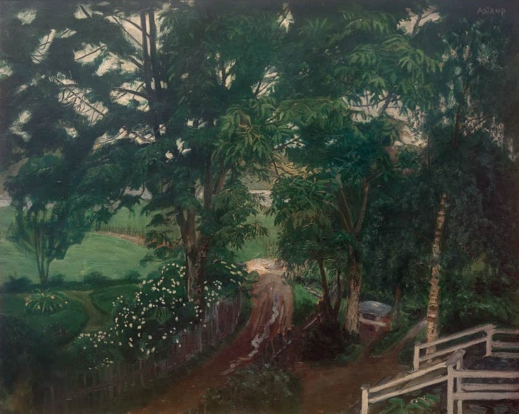 Nikolai Astrup Regenstimmung Jølster Kunstkopie, schattiger Gartenweg unter dichten Bäumen mit weißen Blüten am Zaun