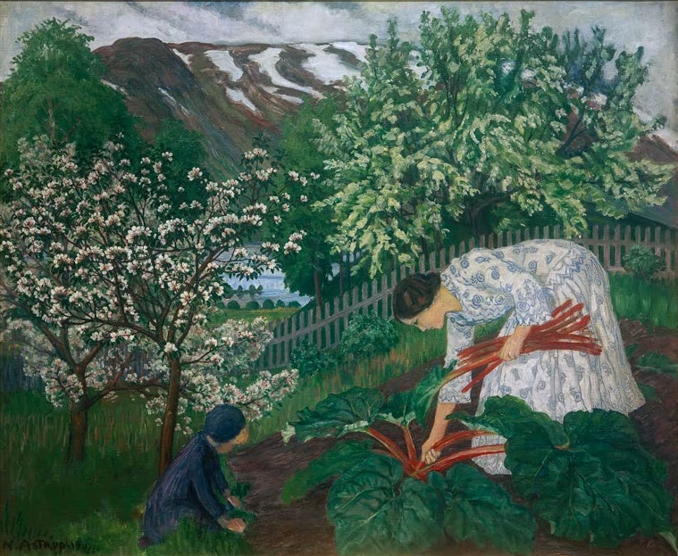 Nikolai Astrup Rhabarberernte Kunstkopie, Frau und Kind ernten roten Rhabarber vor blühendem Obstbaum