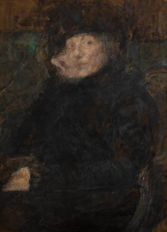 Olga Boznańska Bildnis Anna Ginzberg Kunstkopie, ältere Frau in schwarzem Mantel mit Pelzmütze