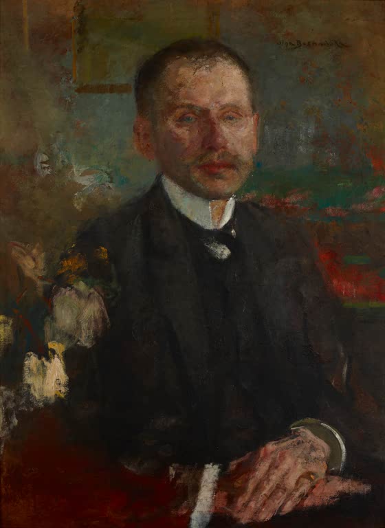 Olga Boznańska Bildnis Bogdan Faleński Kunstkopie, Herr mit Brille und Schnurrbart im dunklen Anzug, bunter Hintergrund