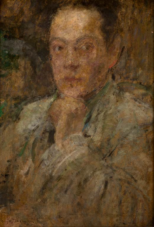 Olga Boznańska Bildnis des Bildhauers Stefan Zbigniewicz Kunstkopie, Bildhauer mit aufgestütztem Kinn im hellen Mantel