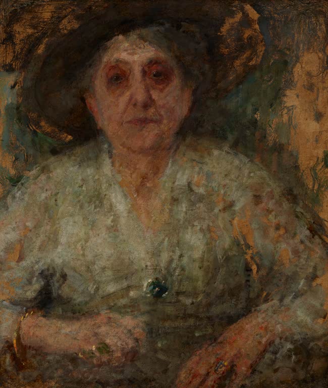 Olga Boznańska Bildnis einer älteren Dame Kunstkopie, ältere Frau mit breitem Hut im hellen Kleid