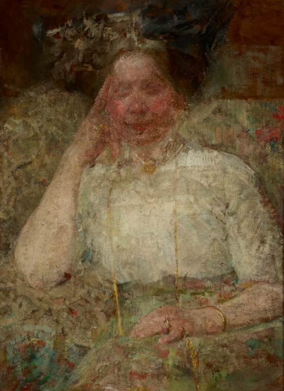 Olga Boznańska Bildnis einer Frau in weißer Bluse mit langer Kette Kunstkopie, Frau mit aufgestützter Hand
