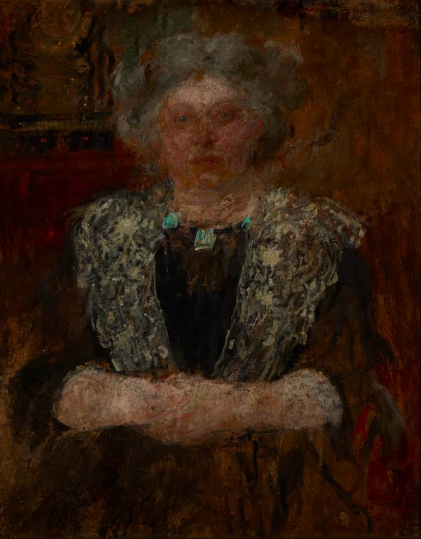 Olga Boznańska Bildnis einer Frau mit türkisfarbener Kette Kunstkopie, Frau mit grauem Haar und Spitzenkragen