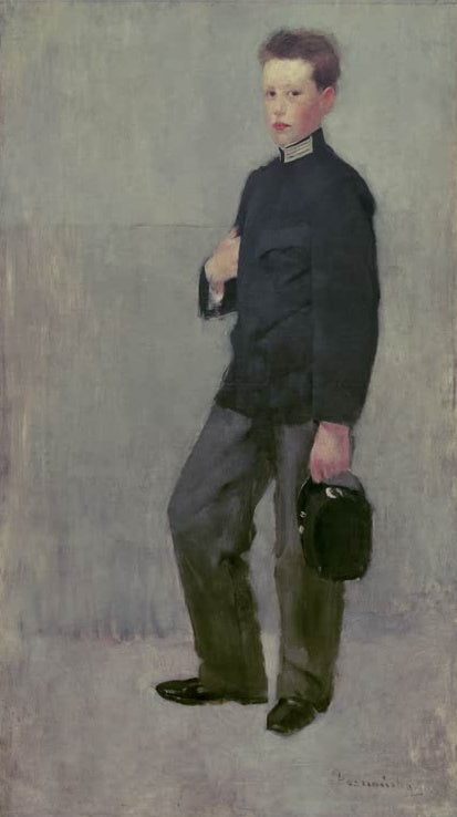 Olga Boznańska Bildnis eines Gymnasiasten Kunstkopie, Junge in dunkler Schuluniform mit Mütze in der Hand vor grauem Grund