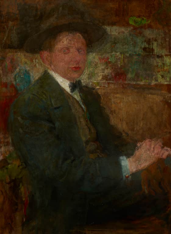 Olga Boznańska Bildnis eines Mannes mit Hut und Fliege Kunstkopie, Mann im dunkelgrünen Anzug, Hände auf dem Schoß