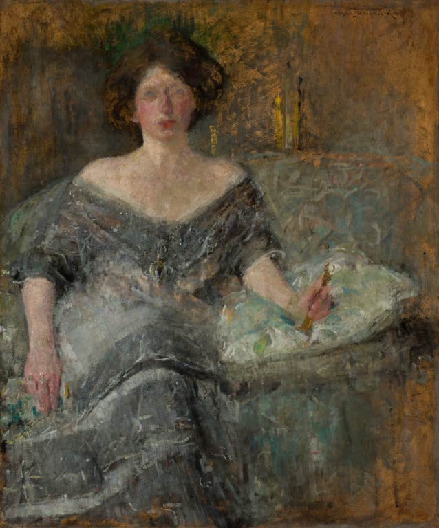 Olga Boznańska Bildnis Elza Krauze Kunstkopie, junge Frau im grauen Kleid auf einem Sofa mit hellen Kissen