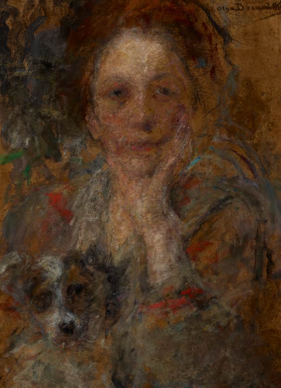 Olga Boznańska Bildnis Helena Zielińska Kunstkopie, Frau stützt das Kinn in die Hand, ein kleiner Hund vor ihr