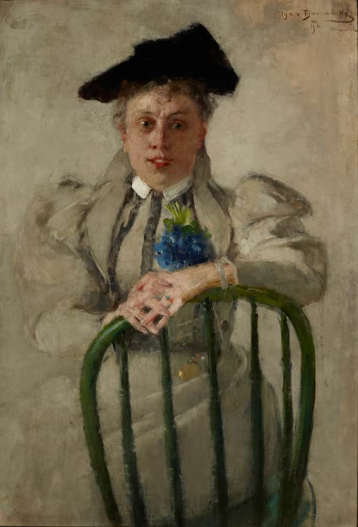 Olga Boznańska Bildnis Irena Zbigniewicz, geborene Serda Kunstkopie, Dame mit schwarzem Hut hinter grüner Stuhllehne